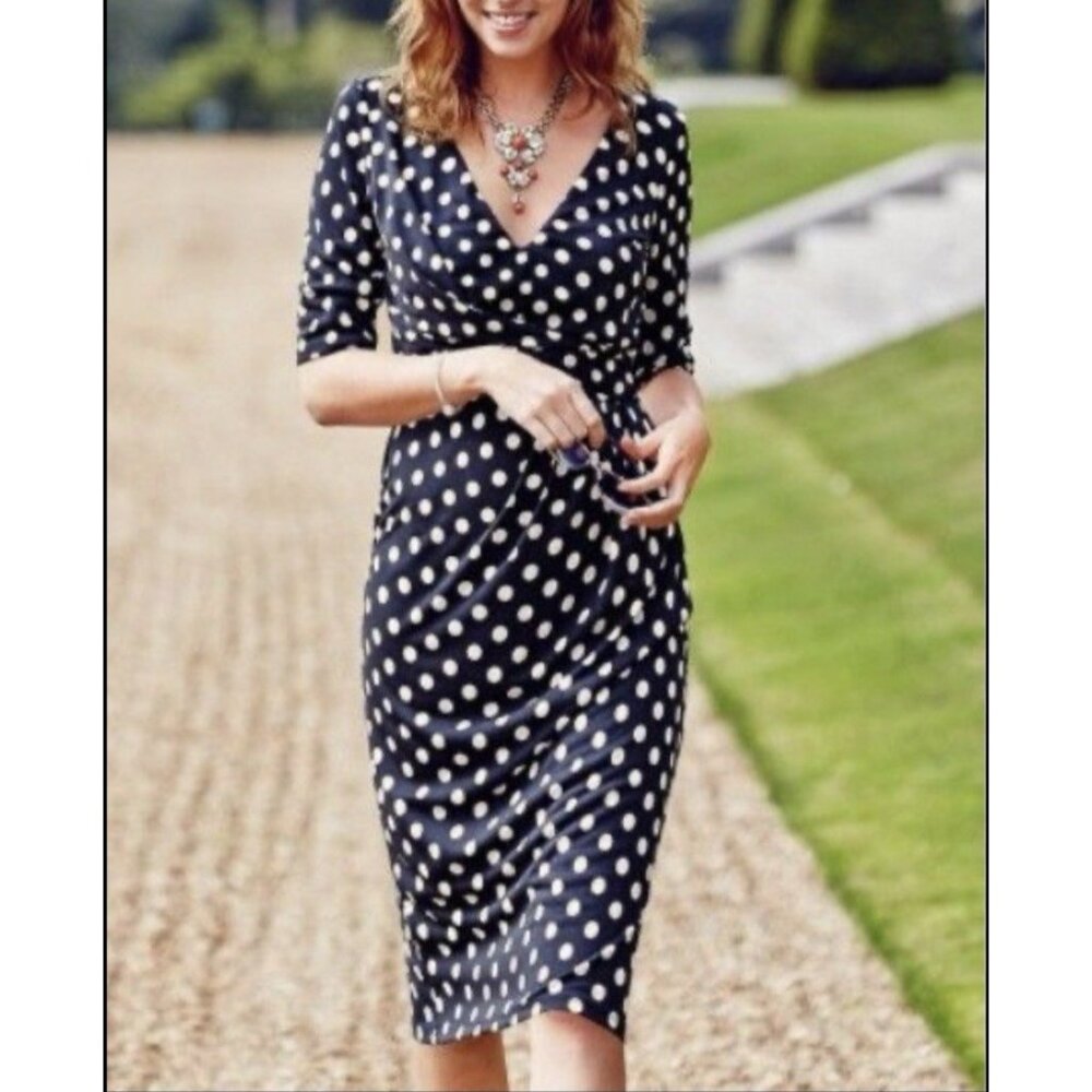 Ralph Lauren Dress 10 Polka Dot Black White 3/4 Long Sleeve Stretch Washable